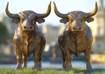 Two bull statues stand in outdoor grass with a building in the blurry background