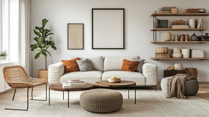 Modern living room interior with beige sofa, wooden coffee tables, and woven chair.