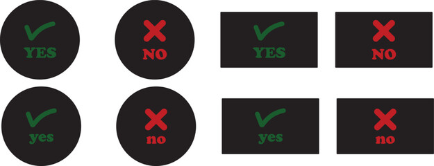 Sharp green checkmark and red cross icon set on isolated transparent background black vector symbol for right and wrong choices. Modern flat and line design symbol tick sign collection. Yes or No.