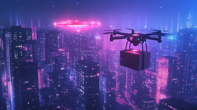 Drone delivering package over futuristic city at night