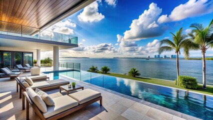 Fototapeta premium Luxurious waterfront terrace with a breathtaking view of a pool and ocean in Miami , luxury home, terrace