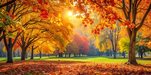 Obraz premium Vibrant autumn leaves in a picturesque park setting, Autumn, leaves, colorful, vibrant, park, nature, seasonal, foliage, red