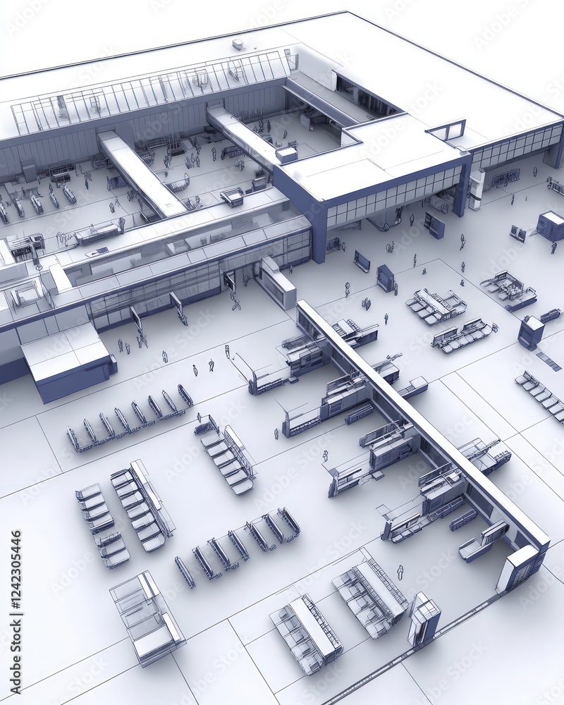Poster blueprint of a modern airport terminal: a 3d architectural rendering.