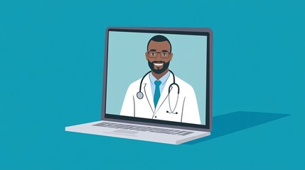 Fototapeta premium Doctor is smiling during a video conference call on a laptop