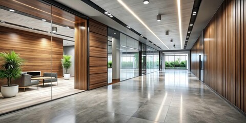Modern Office Corridor with Polished Concrete Floor, Glass Walls, Wooden Paneling, and Blank Sign for Contemporary Business Settings, Interior Design Inspiration, and Workplace Aesthetics