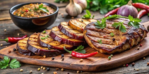 Close-up of juicy meat coated in aromatic spices next to slices of grilled eggplant, grilled, meat, spices, food, cooking