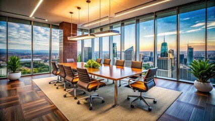 Modern Office Interior with Glass Walls and City View - Minimalist Meeting Room Design for Startups and Business Companies