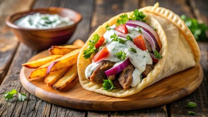 Close up of Greek gyro with tzatziki sauce and fries, Greek food, Mediterranean cuisine, traditional dish