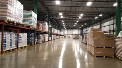 Bright and clean warehouse interior with polished floors.