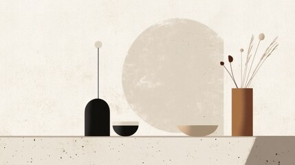 Minimalist Modern Home Decor Still Life with Dried Flowers and Geometric Objects
