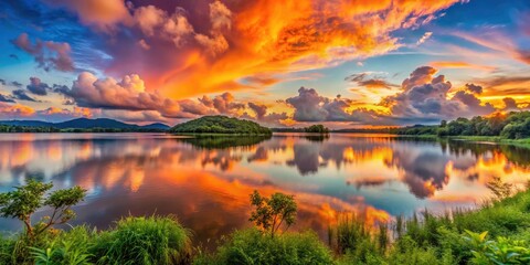 Naklejka premium Panoramic Sunset View of Bang Phra Reservoir - Serenity, Nature, and Scenic Beauty Captured in Golden Hour Light