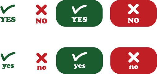 Sharp green checkmark and red cross icon set on isolated transparent background black vector symbol for right and wrong choices. Modern flat and line design symbol tick sign collection. Yes or No.