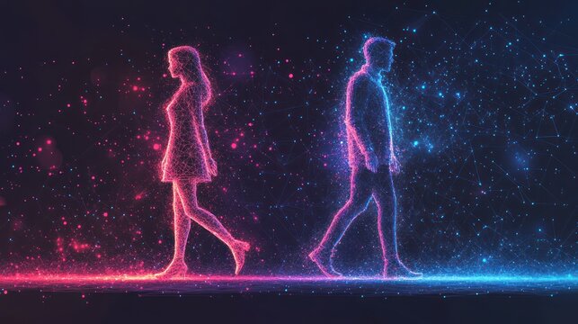 Couple walking away, digital art, relationship.