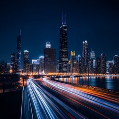 Naklejka premium A long-exposure shot of a city at night with lights