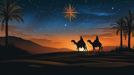 Silhouette of Three Camels at Sunset in Bethlehem Desert Landscape with Starry Sky