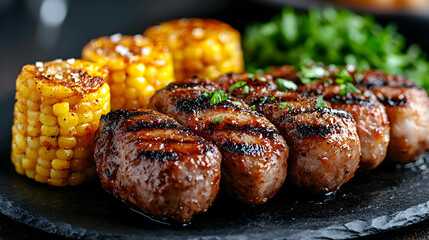 Grilled meatballs with corn, herbs. Delicious summer meal