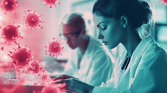Scientist woman working with microscope and coronavirus illustration in a laboratory