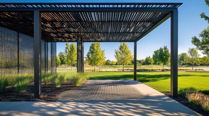 Contemporary pavilion with a metal mesh roof casting artistic shadows.