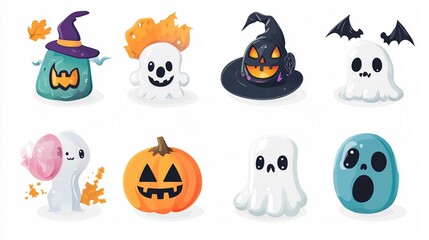 Cute Halloween Cartoon Vector Set with Pumpkins Bats Ghosts and Spooky Icons