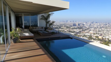 Contemporary rooftop deck with a retractable awning for shade.