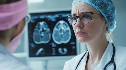 Doctors discussing head computed tomography scan results