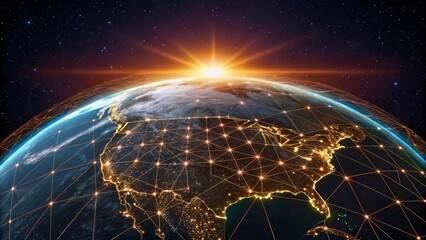 Sunrise Over Earth with Global Connectivity and Illuminated City Lights in Space View
