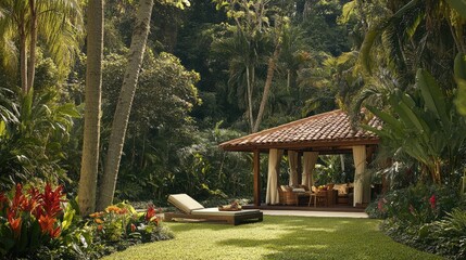 Obraz premium Cozy wooden pavilion surrounded by lush green trees and flowers.