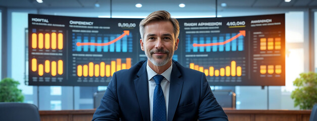 Hospital Director Overseeing Medical Facility with Digital Graphics for Efficient Healthcare Solutions