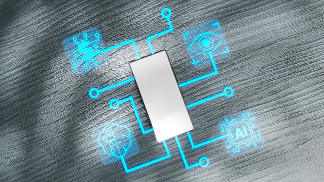 Ilustracion 3d de smartphone con iconos de IA que representan diferentes funciones y capacidades. Dise&ntilde;o moderno y minimalista. Ideal para proyectos sobre tecnolog&iacute;a, innovaci&oacute;n y el futuro digital