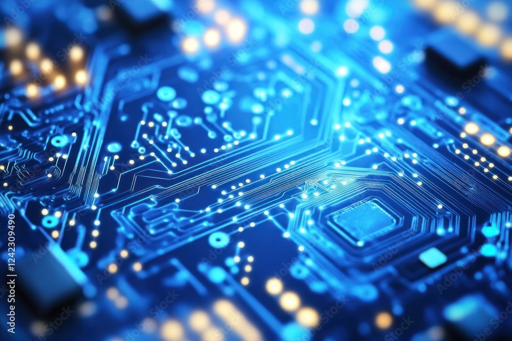 Poster glowing microchip circuit board. technology abstract. computing. close-up. for science and engineeri