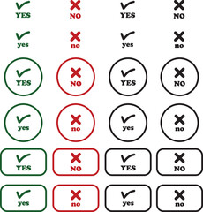 Sharp green checkmark and red cross icon set on isolated transparent background black vector symbol for right and wrong choices. Modern flat and line design symbol tick sign collection. Yes or No.