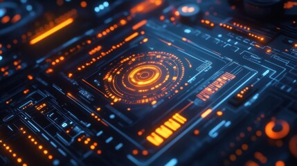 Obraz premium Complex network of circuits and processors working together, illuminated by vibrant orange and blue lights, showcasing advanced technological innovation in a futuristic motherboard