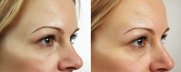 Woman showing results of anti-aging therapy on forehead wrinkles