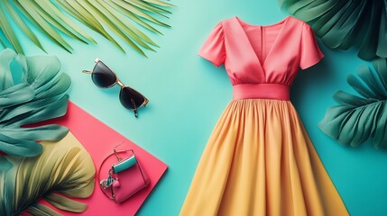 Vibrant summer outfit featuring a pink and yellow dress with accessories on a tropical background