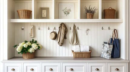 Fototapeta premium Functional built-in mudroom storage with coat hooks and cubbies.