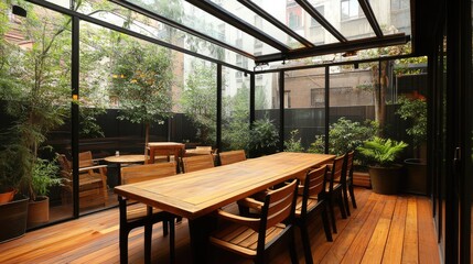 Fototapeta premium Glass-enclosed terrace with an extended steel-framed roof.