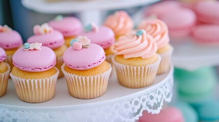 Delightful Pink Cupcakes and Macarons on Elegant Display Stand
