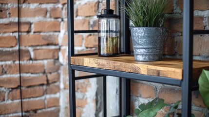 Industrial loft-style built-in shelving with raw wood and metal.