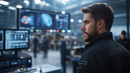 Industrial Worker Monitoring Factory Production Data Screens