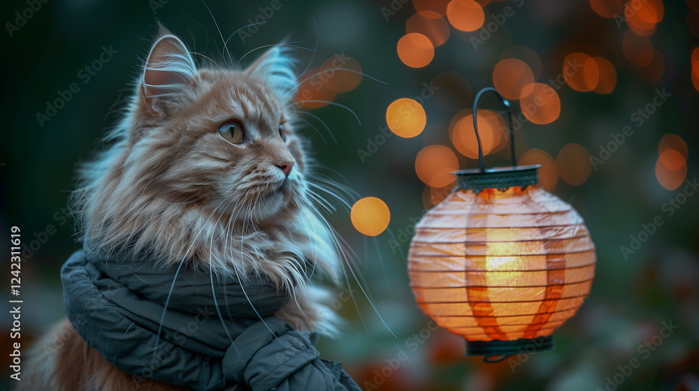 Poster cozy cat in scarf gazing at glowing lantern with bokeh..