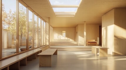 Obraz premium Large empty warehouse with polished concrete floors and skylights.