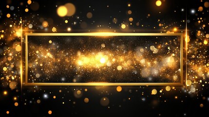 Obraz premium Golden glitter frame on black background with bokeh lights.