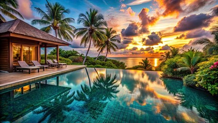 Fototapeta premium Tranquil Lagoon Villa in Turquoise Waters: The Ultimate Tropical Getaway with Exotic Serenity and Island Vibes for Relaxation and Rejuvenation