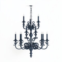 A stylish black chandelier with intricate design and multiple candle-like lights, perfect for adding elegance to any space.
