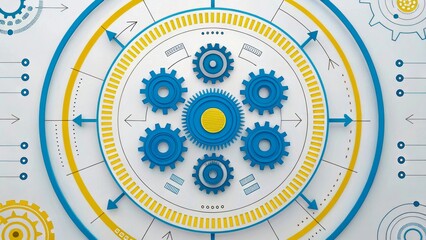 Abstract Graphic Design with Gears and Circles in Blue and Yellow Color Scheme