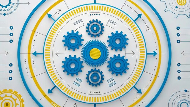 Abstract Graphic Design with Gears and Circles in Blue and Yellow Color Scheme