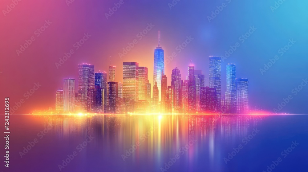 Poster a blurred city skyline with a bright gradient overlay and space for text on the right.