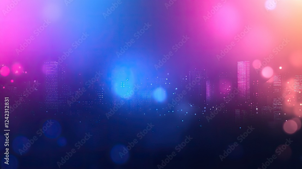 Poster a blurred city skyline with a bright gradient overlay and space for text on the right.