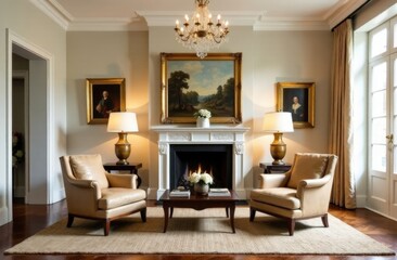 cozy living room with a sofa in a classic style, with paintings on the wall