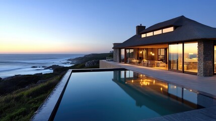 Luxury retreat with a thatched-roof viewing deck overlooking the ocean.